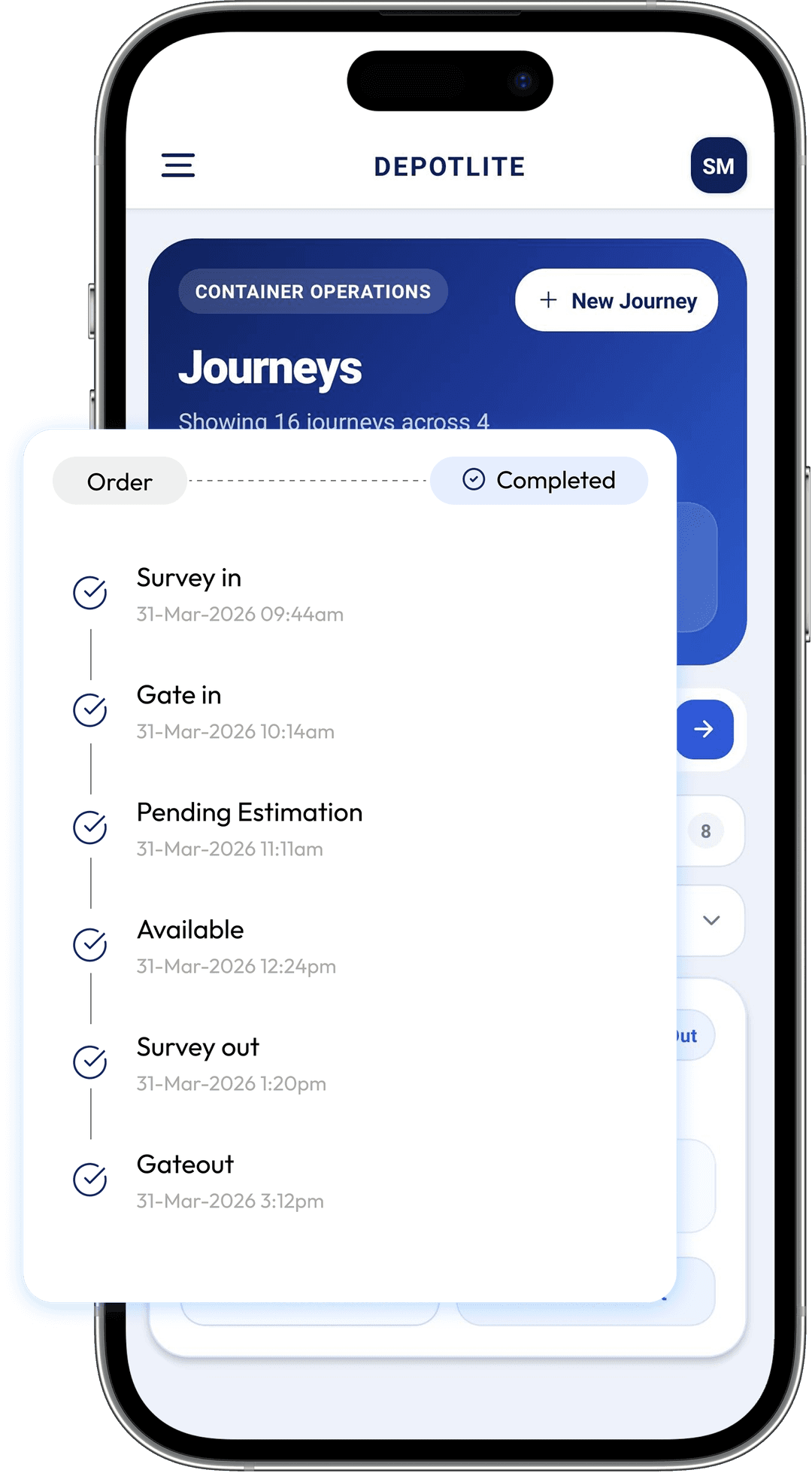DepotLite Mobile — Journeys list with container statuses